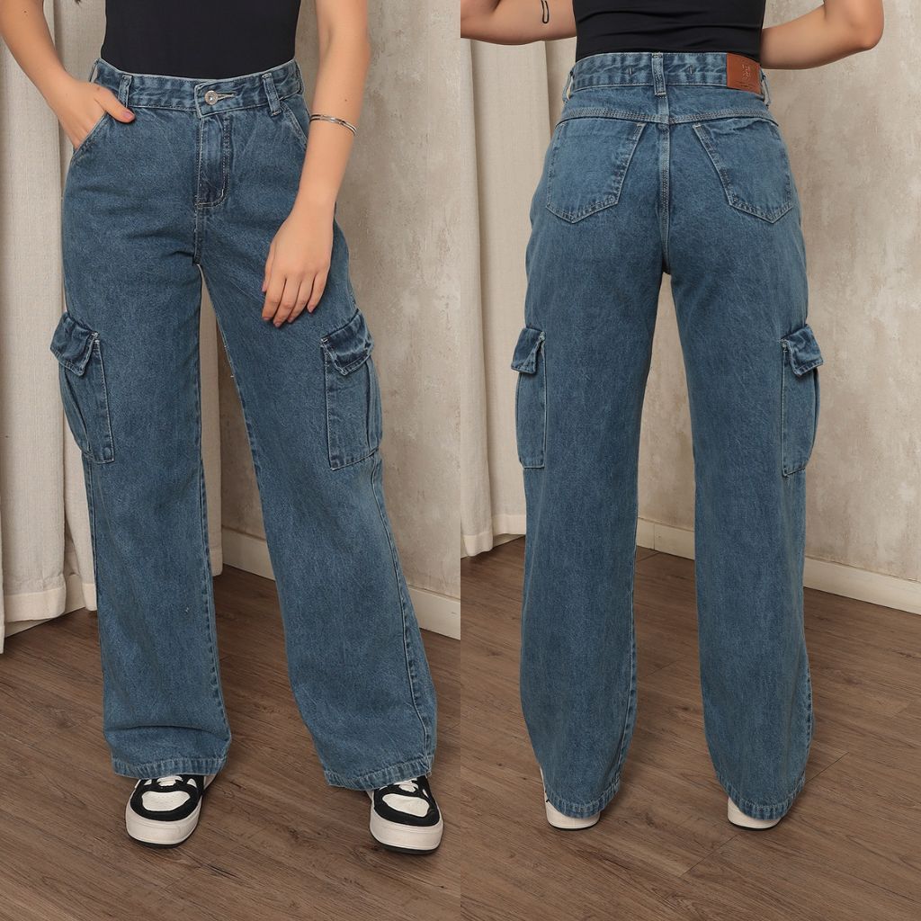 Calça Jeans Feminina Wide Leg Cargo Cintura Alta Bolsos Tecido Grosso Premium Conforto Pantalona