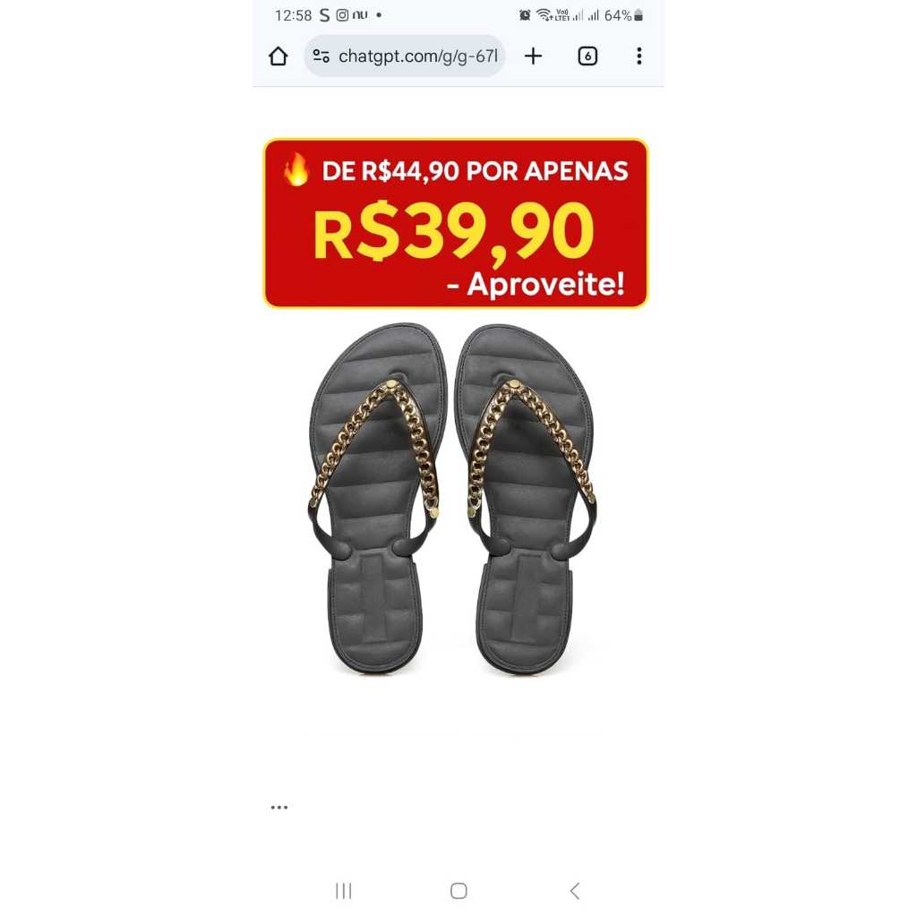 🖤Rasteirinha Feminina Preta com Corrente Dourada – Sandália Confortável Leve Estilosa Verão