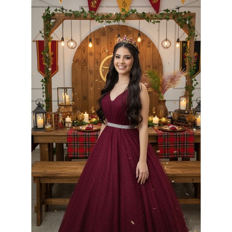 Vestido Longo Princesa Para Debutante 15 Anos Marsala Bordô Vinho Preto — imagem 2 de 2