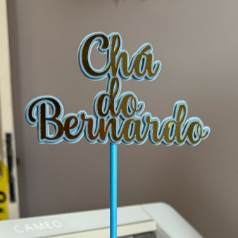 Topo de Bolo Chá de Bebê Nome Personalizado 3D Camadas Dourado e Azul