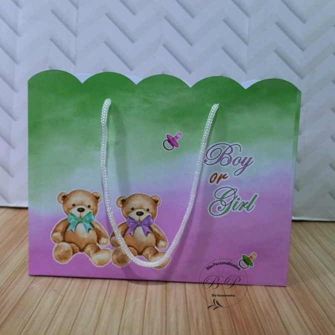 Sacolinha Personalizada M Chá Revelação Verde e Lilás / Bolsinha / Lembrancinha / Aniversário
