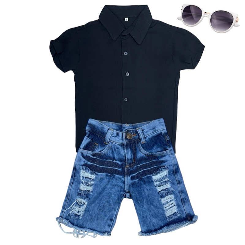 Conjunto Camisa Social Básica Com Short Jeans Claro Rasgada Menino Infantil Juvenil em Oferta na Shopee