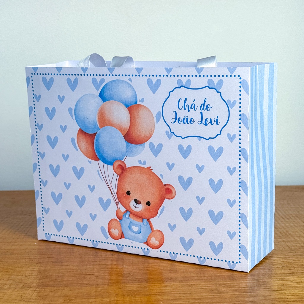 Sacolinha Surpresa Personalizada Chá de Bebê Ursinho Azul PEGUE E MONTE Revelação