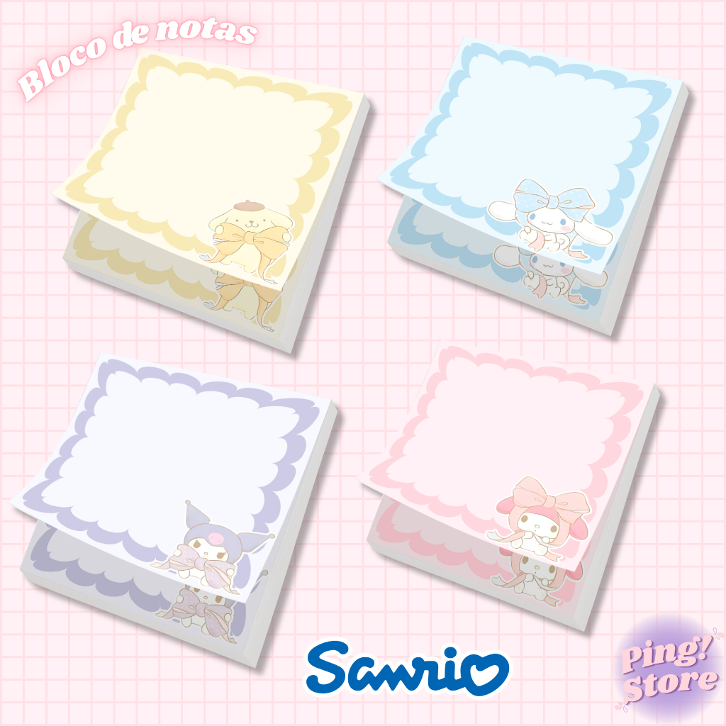 Bloquinho de Notas - 50 folhas - Bloco Coleção Sanrio Pompompurin, My Melody, Kuromi, Cinnamoroll - Memo Pad Kawaii