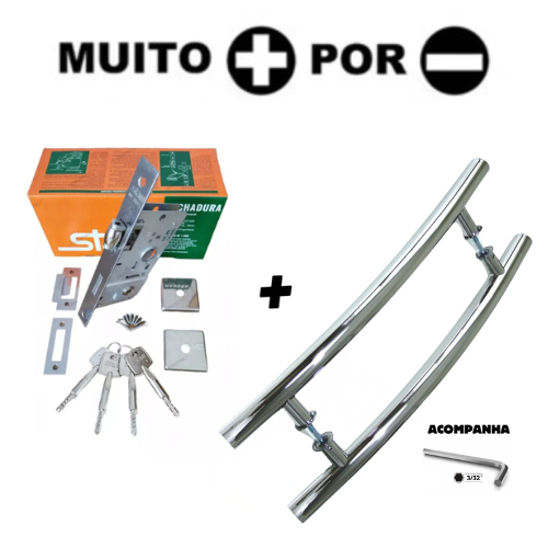 Kit Puxador Arco Belíssima Inox Ø25mm+Fechadura Stam 800 Rolete 4 Chaves