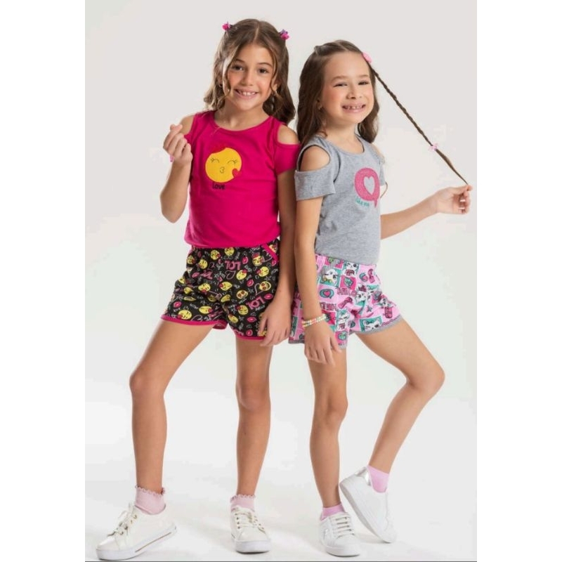 Conjunto Feminino Infantil Coton Ombro Vazado com Bordado e Shorts Estampado