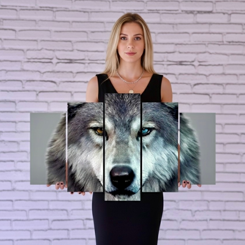 Quadro 5 Peças Mosaico Quadro TOP Rosto de Lobo Olho Azul - PROMOÇÂO QUADRO PARA SALA QUARTO