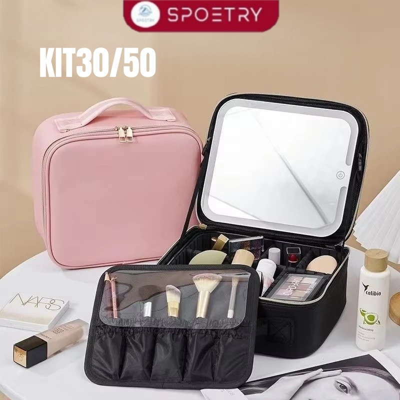 Kit 30/50 Maleta Maquiagem completo Profissional Com Espelho e Luz Led e paleta de maquiagem