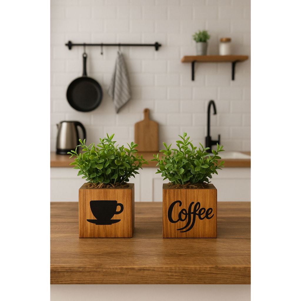 Kit 2 Arranjos Com Vasos Pinus Com Planta e Aplique Espelhado Café preto