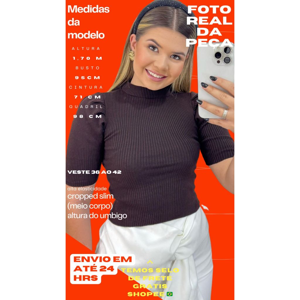 Blusa cropped Feminina Canelada Manga Curta bufante Básica Moda Verão tricot