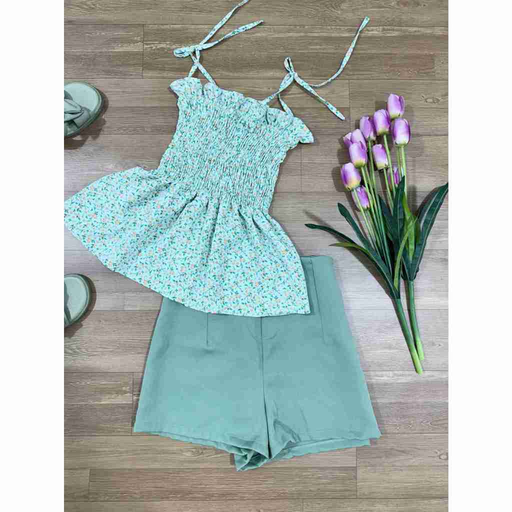 Conjunto feminino de duas peças, blusa estampada sem alças e shorts lisos, roupa casual de verão em Oferta na Shopee