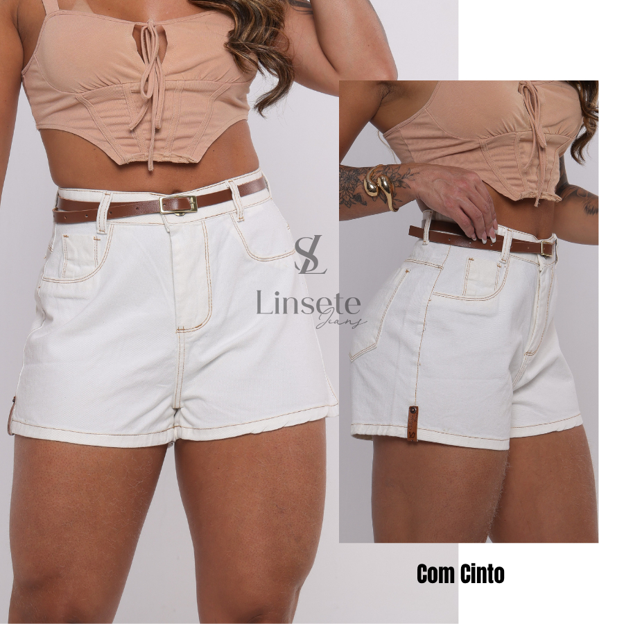 Short Jeans Feminino Off-White Com Barra Cintura Alta em Oferta na Shopee