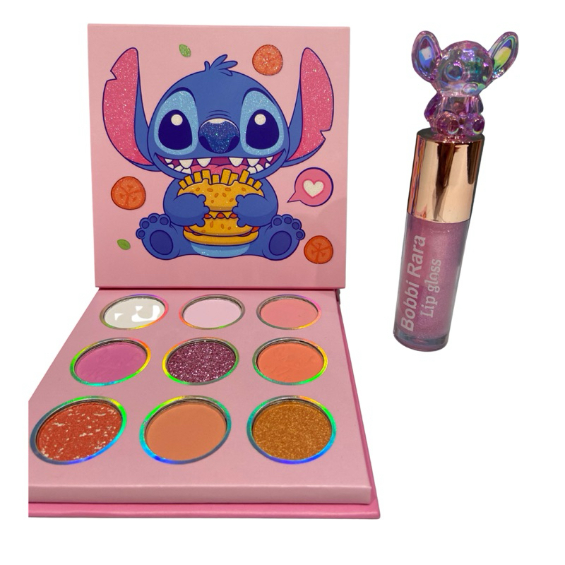 Kit Paleta de maquiagem stitch e gloss brilhoso stitch Kit Maquiagem Stitch 💙 Paleta de Sombras 9 Cores + Gloss Brilhoso