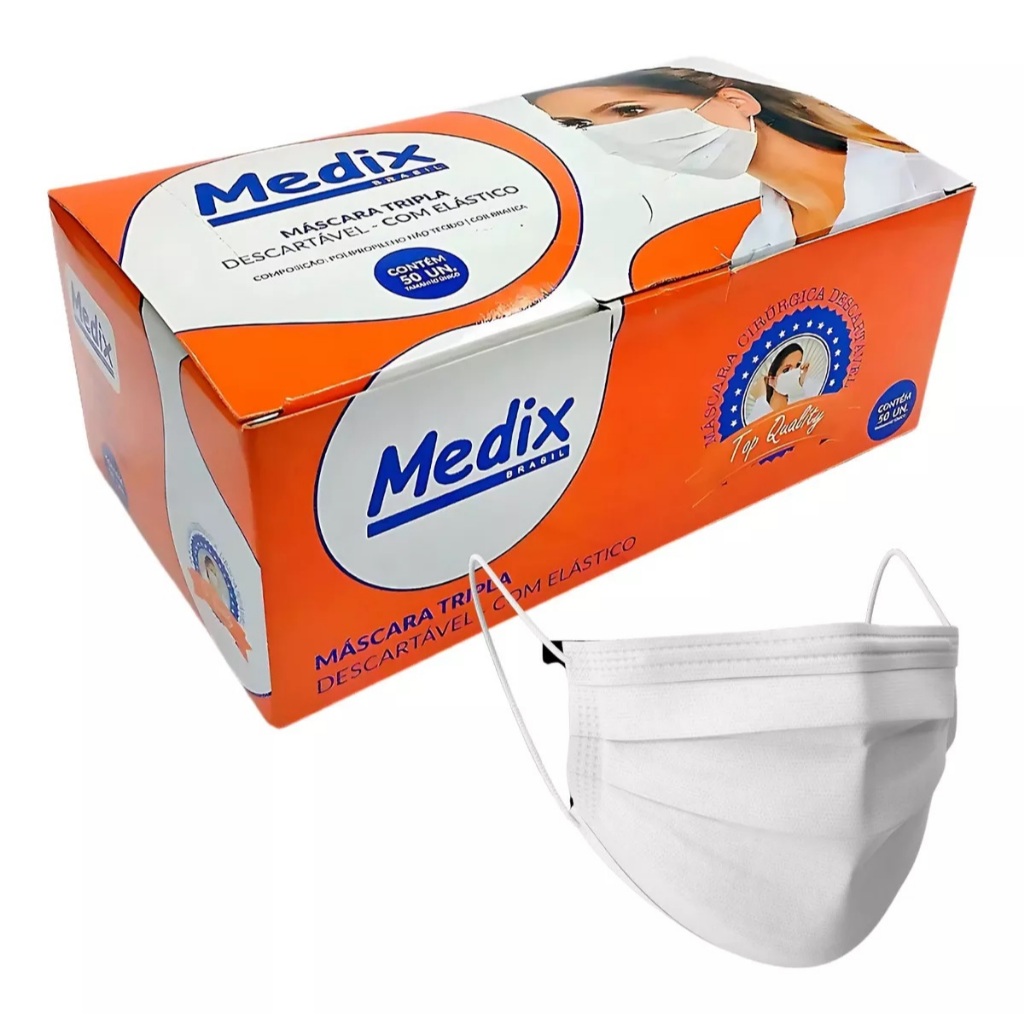 Máscara Tripla Branca 50un Medix Tnt Descartável Elástico Proteção Respiratória Facial