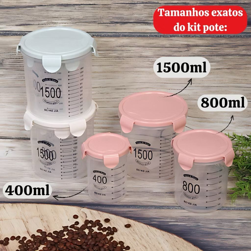 Kit 3 Peças Porta-Mantimentos com Vedação Hermética – 3 Potes Transparentes (1500ml, 800ml, 400ml) Cozinha, Alimentos