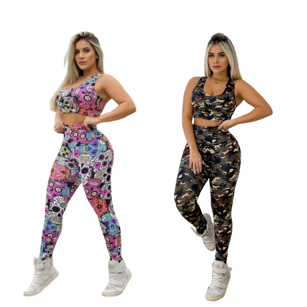 Kit Com 2 Calças Legue Roupa Feminina Caveira Mexicana Mais Camuflada Militar