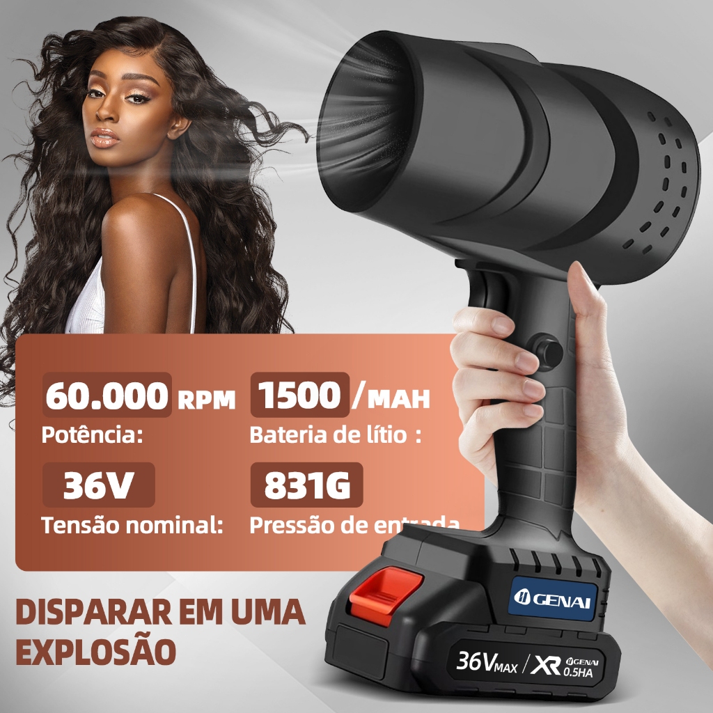 36V Turbo Blower - 60,000 RPM, 831g Air Pressure, 2 Batteries, USB/Bivolt Charging for Car/Dust/Snow