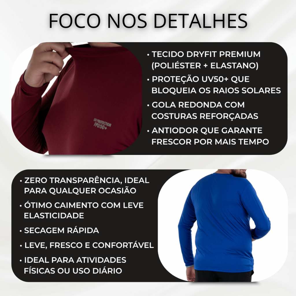 Kit 2 Camisetas Dry Fit Masculina Manga Longa UV50+ Academia Praia Proteção Solar