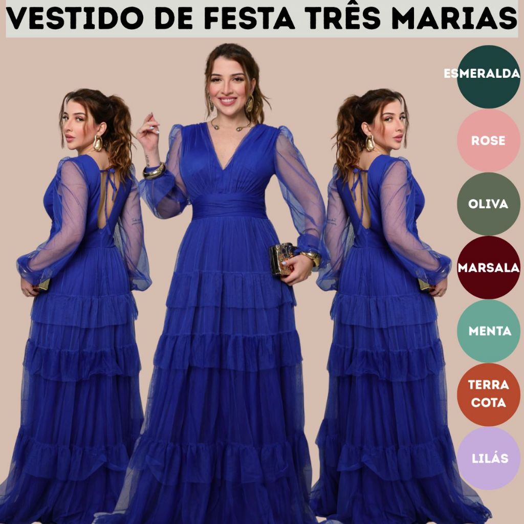 Vestido De Festa Três Marias Longo Tule Elegante Madrinha Convidada Festa Casamento Luxo Feminino Sem Brilho P M G GG em Oferta na Shopee