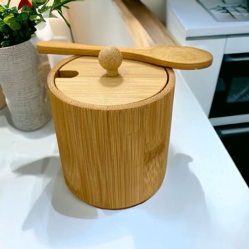 Saleiro de Madeira Açucareiro de Bambu com Tampa e Colher Pote de Bambu Cozinha 200ml em Oferta na Shopee