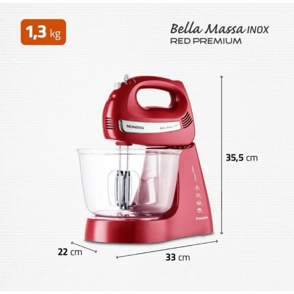 Batedeira Mondial Premium Inox Vermelha Design Elegante Potência 400W Tigela 4L Cozinha Completa