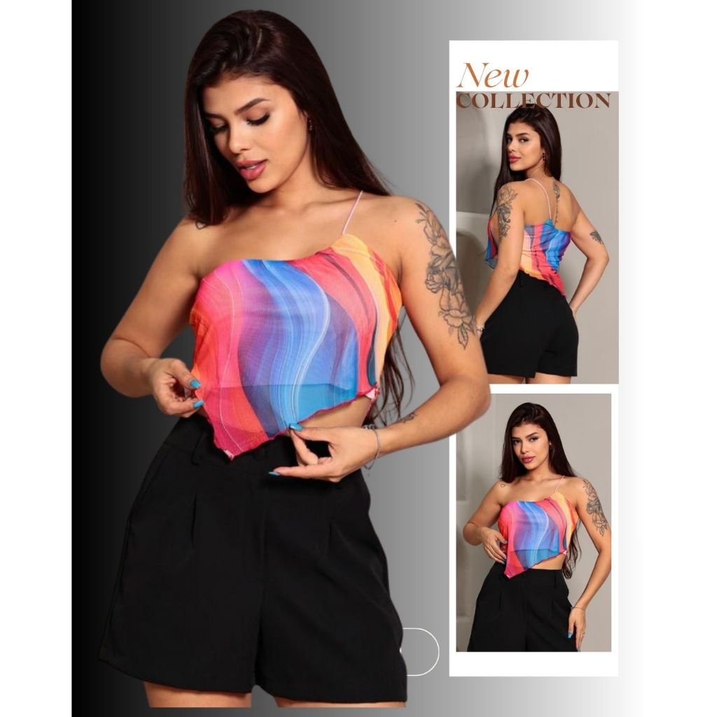 Blusa, cropped tule, multiforma, estampa verano, con alsa  blusa frente única, cropped frente única, top