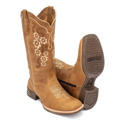 Bota Texana Feminina Country Couro Nobre Caramelo Com Zíper