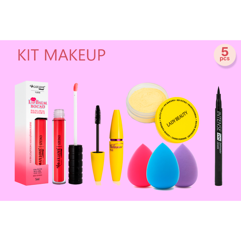Kit Maquiagem com Pó de Banana, Gloss Lip Max Love , Máscara Yalanni, Caneta Love Rain e Esponja de Maquiagem
