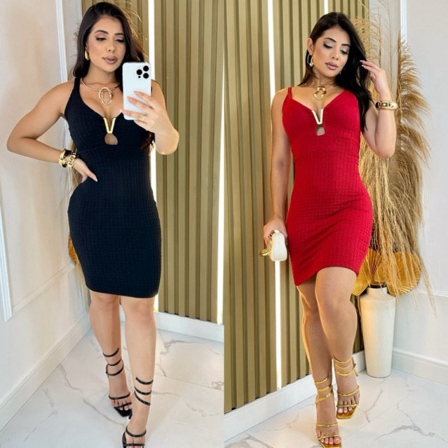 Vestido Feminino Ana Ruga Aro Dourado em V Alça Grossa Premium e Caimento em Oferta na Shopee