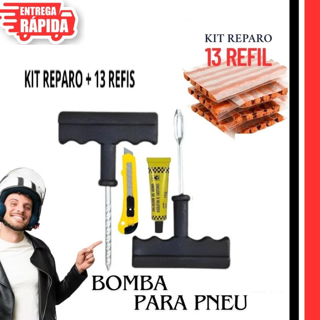 Kit 2/1 Reparo Pneu sem Camara para Carro e Moto + 13 Refil Selante Macarrão Remendo