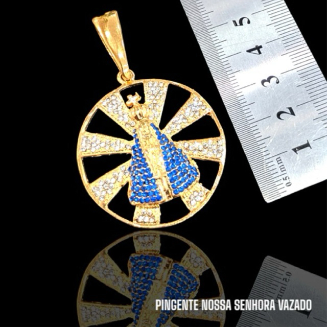 Pingente E corrente Masculina Nossa Senhora da Aparecida Banhado A Ouro 18k Cravejado com Pedras de Zircônia