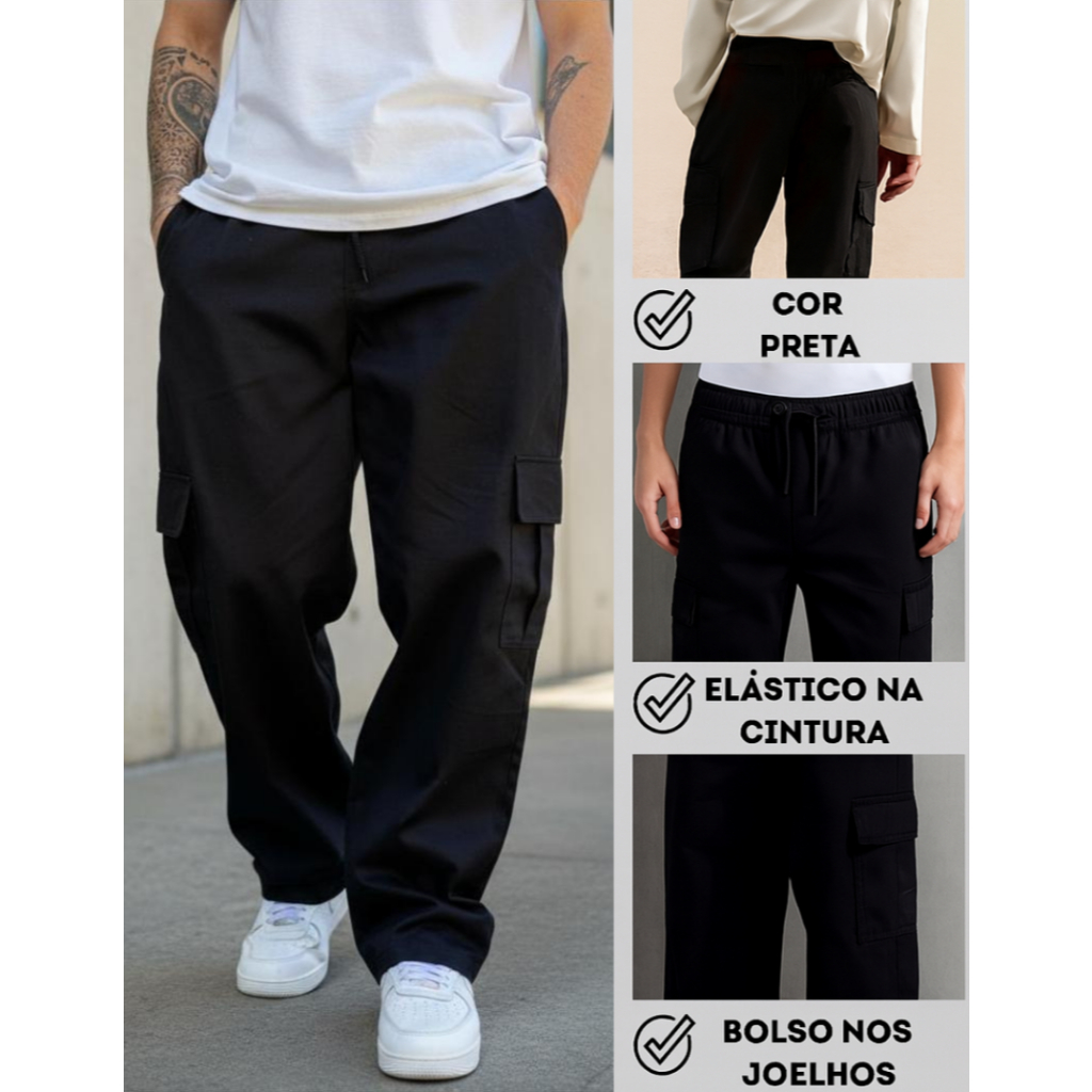 Calça Cargo Skate Preta, Marrom, Bege, Caqui Streetwear Retro 5 Bolsos Unissex
