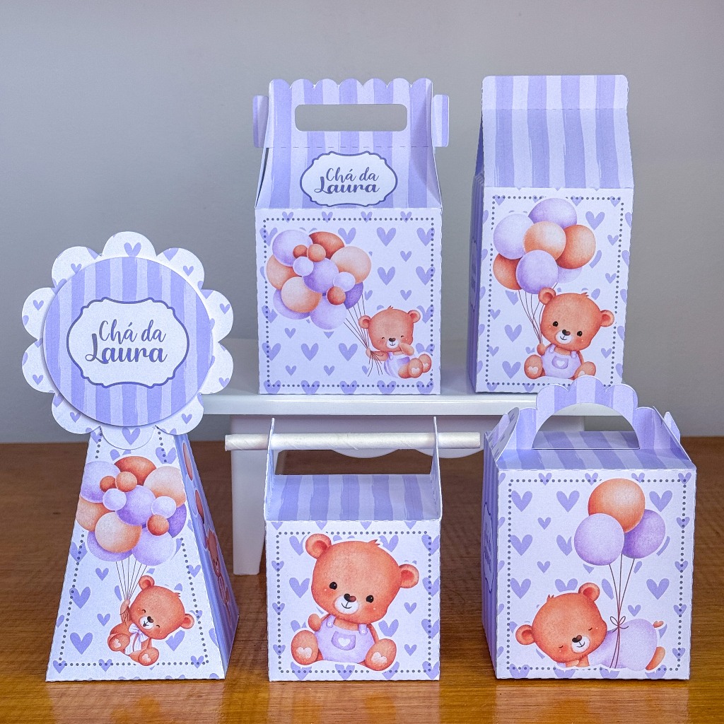 Kit Caixinhas Papelaria Personalizada Ursinha Lilás Chá de Bebê Lembrancinha Surpresa festa infantil Desmontado