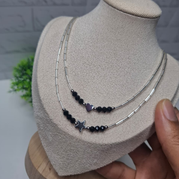 Colar Choker de Canutilho Prateado e Cristal de Vidro Estrela e Coração Hematita Natural Aço Inox Prata
