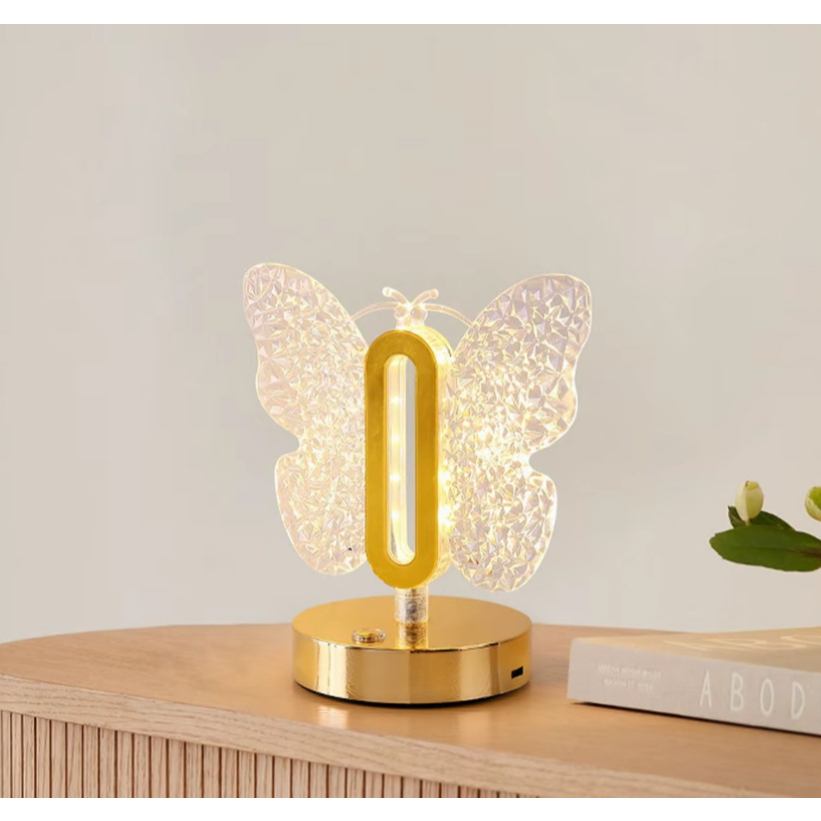 Luminária LED Borboleta Cristal USB 3 Cores Quente Neutra Fria Luz Decorativa Mesa Quarto Abajur Moderno 5V