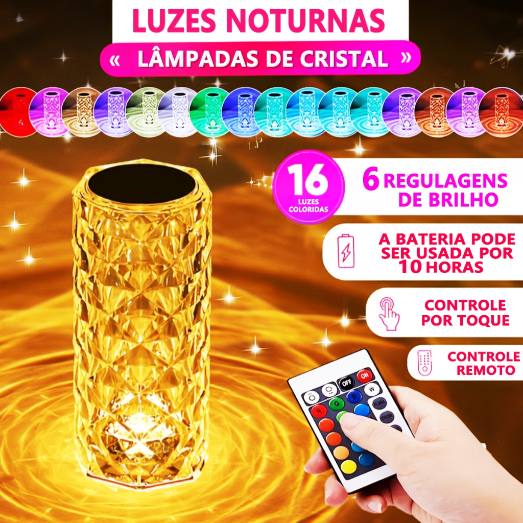 Luminária De Mesa Controle Remoto Por Toque 16 Cores Cristal Diamante Atmosfera Recarregável