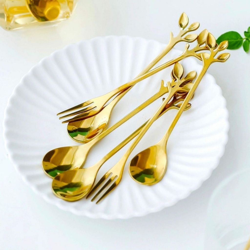 Kit jogo 10 Peças Colher garfo de sobremesa Criativo De Aço Inoxidável Talheres De dourado Para Café22 em Oferta na Shopee