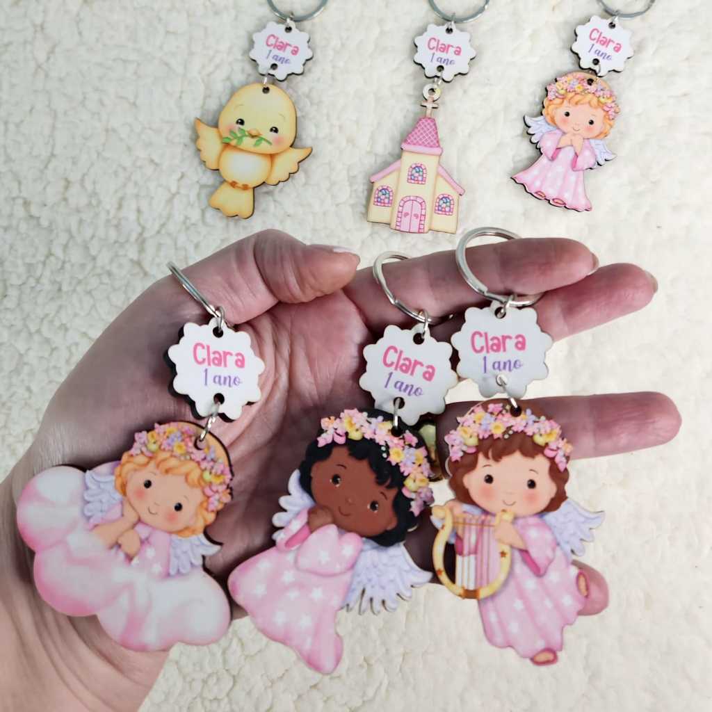 Anjinho Rosa Chaveiro MDF Personalizado | Lembrancinha Batizado | Nascimento | Festa Infantil