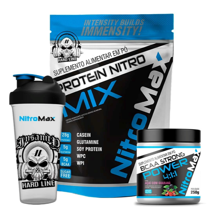 Kit Protein Nitro Mix 900g + BCAA Strong Power 250g + Coqueteleira Hard Line 600ml - NitroMax