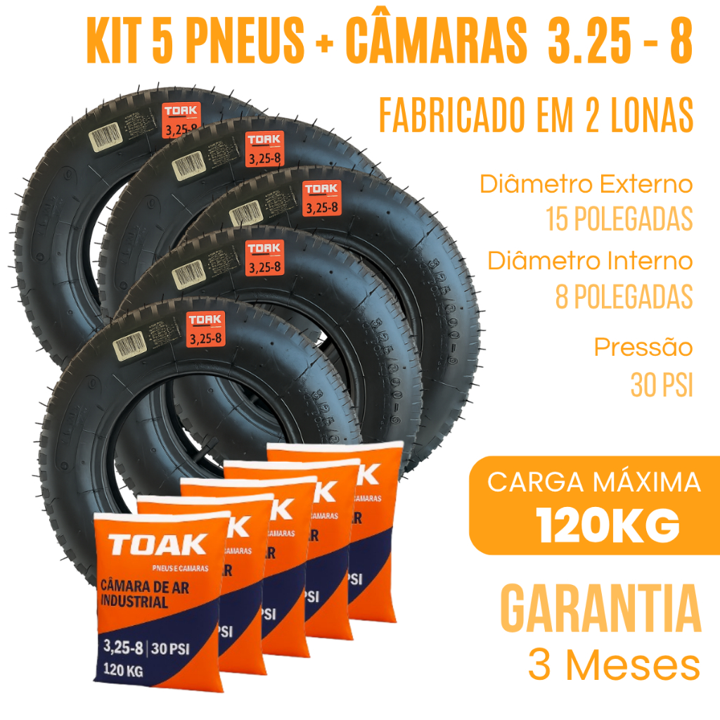 5 Pneus 5 Câmaras 3.25/3.00-8 da TOAK para Carrinho de Mão, Carriola, Carrinho de Plataforma Industrial