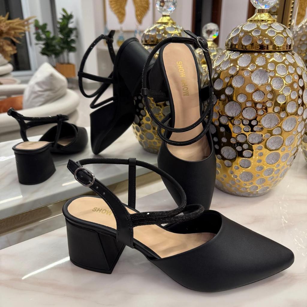 Scarpin Feminino Pé da Gata Bico Fino Com Salto Grosso Com 6cm e Tira de Strass fechamento fivela em Oferta na Shopee