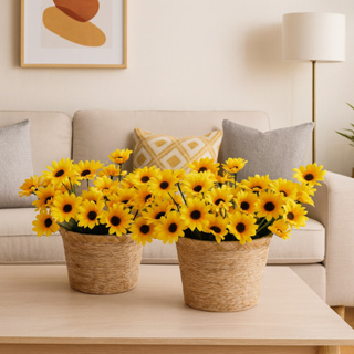 Kit 2 vasinhos de palha acompanhados de mini girassóis artificiais decorativos para cozinha jardim em Oferta na Shopee