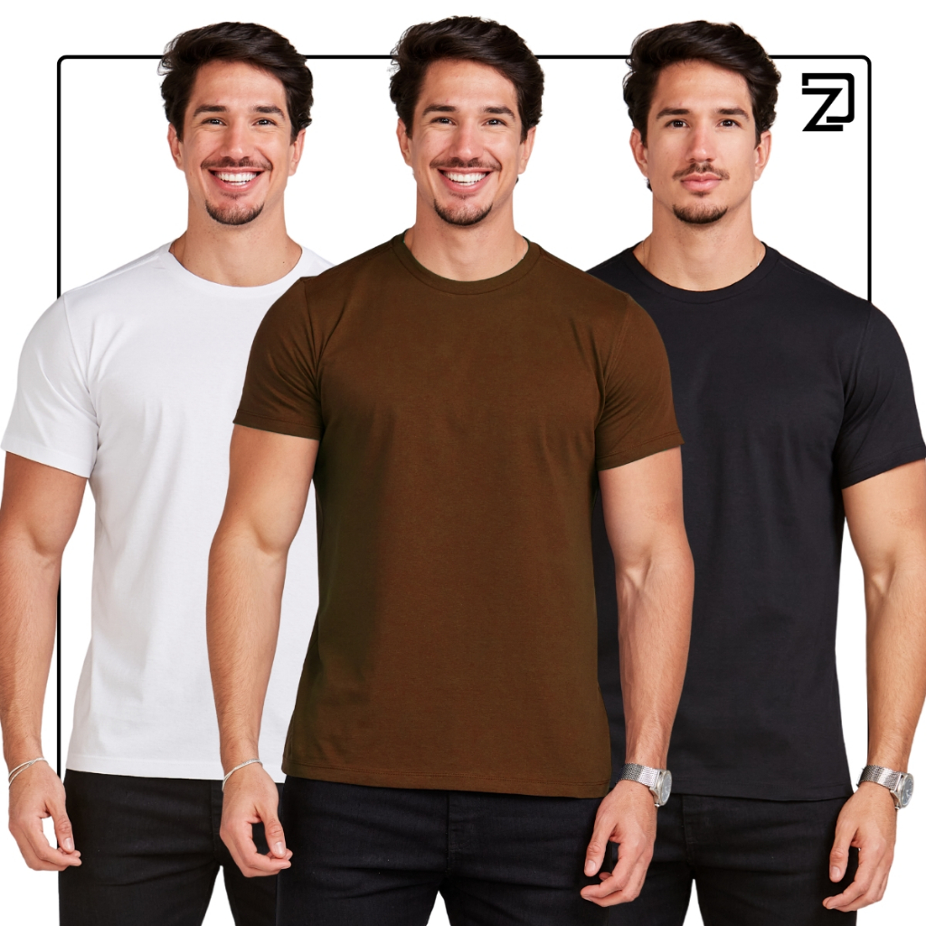 Kit 3 Camiseta Básica Masculina 100% Algodão Premium em Oferta na Shopee