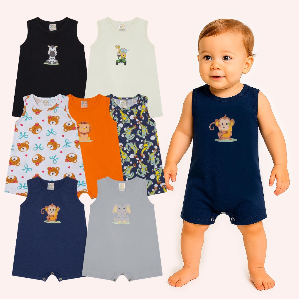 Romper Regata Infantil Macaquinho Curto Menino Banho de Sol Verão 100% Algodão AVULSO P/M/G/GG/1 ANO