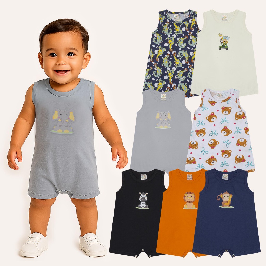 Kit 3 Peças Romper Infantil Regata Macaquinho Curto Menino Verão 100%Algodão  Peças P/M/G/GG/ 1ano em Oferta na Shopee
