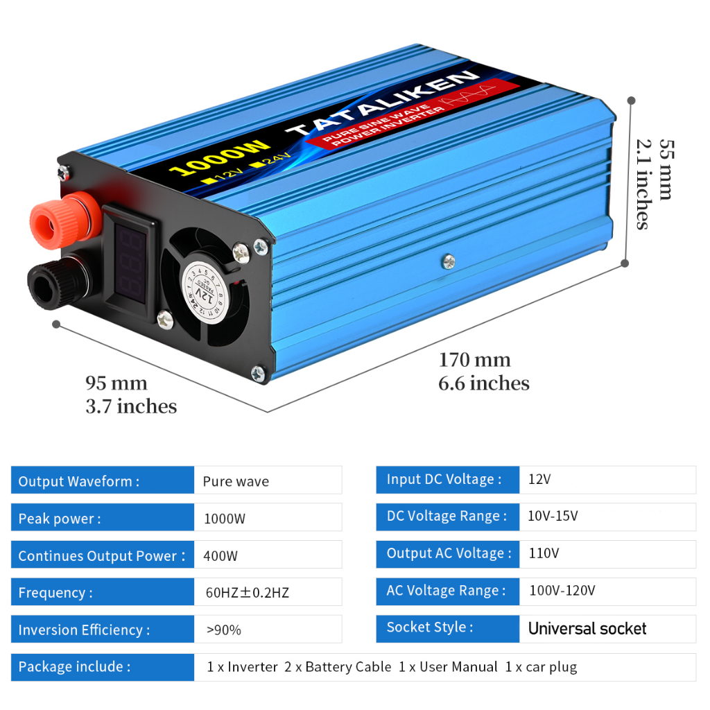 Inversor de Onda Senoidal Pura 12V/24V 110V 1000W Painel Solar para Carro Motorhome Geladeira Ar Condicionado Soldagem