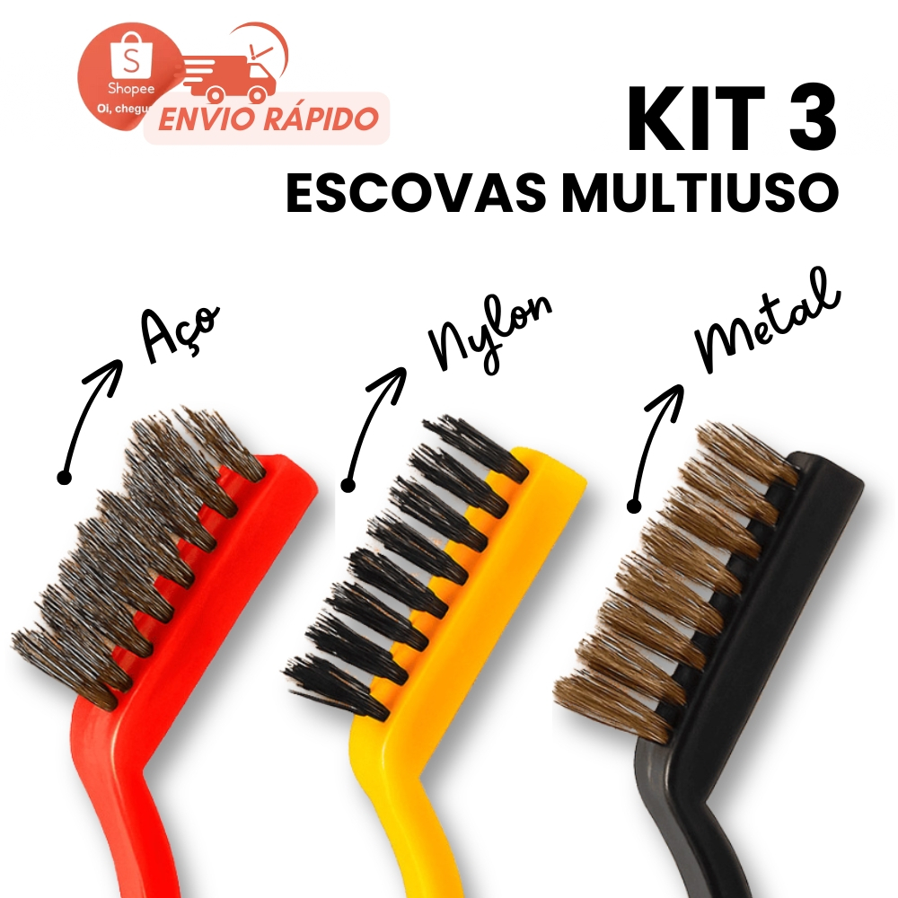 Escovas de Aço Multiuso Conjunto 3 Pcs Aço Latão Nylon Cabo Plástico Remove Ferrugem Limpeza Geral em Oferta na Shopee