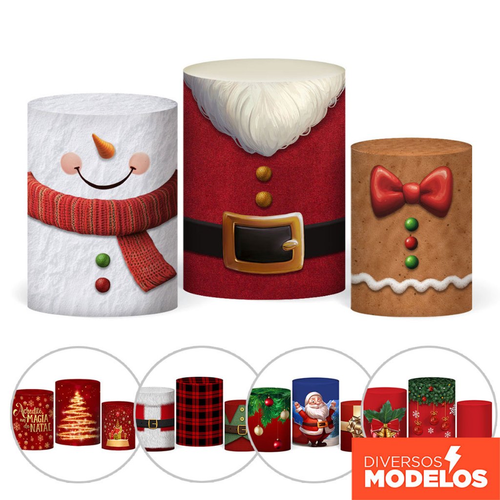 Capa Cilindro Festa Decoração Natal Trio Veste Fácil Em Tecido Sublimado 3D Com Elástico