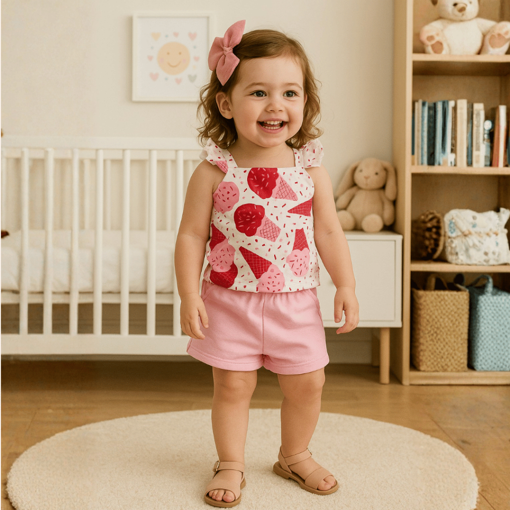 Conjunto Menina Estampado Sorvete Alça Babado Short Algodão Moletinho e Blusa Verão