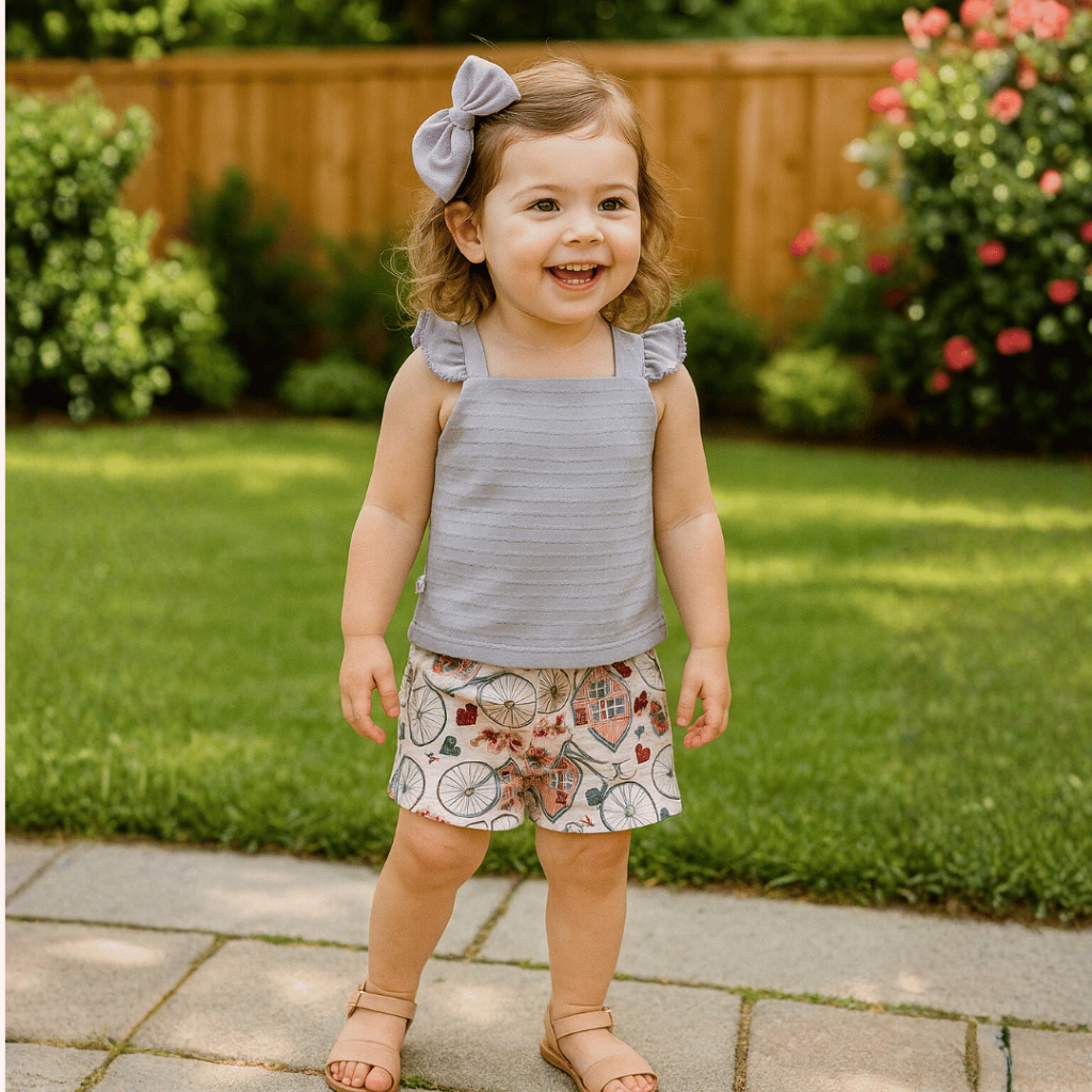 Conjunto Estampado Menina Algodão Alça com Babado Short Moletinho Bicicleta Blusa Poá Lilás Verão